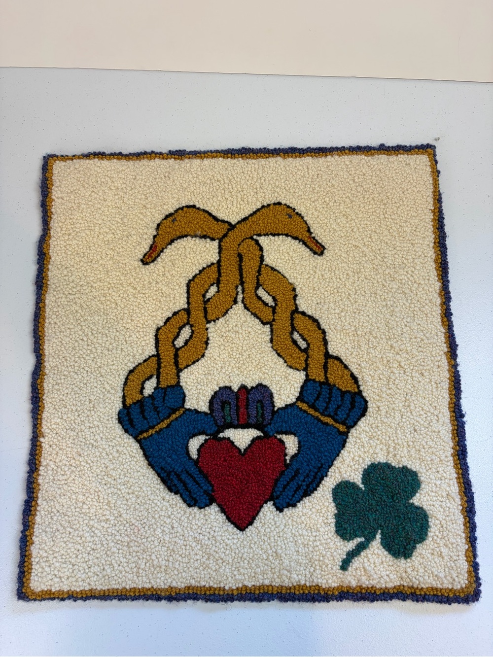 Vintage Hooked Wool Claddagh Irish Celtic Folk Art Rug Wall Hanging Shamrock 70s
